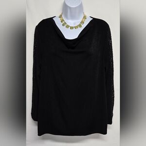 Chico"s Travelers 2 L 12 Black Cowlneck Eyelet Sleeves Long Length Stretch Knit